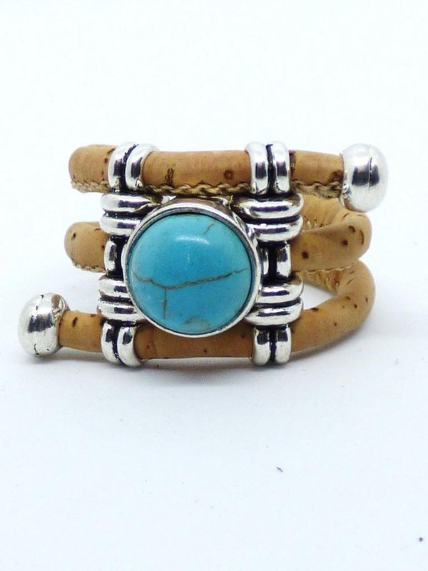 Verstellbarer Ring aus Kork - Naturfarben mit türkisfarbenem Stein